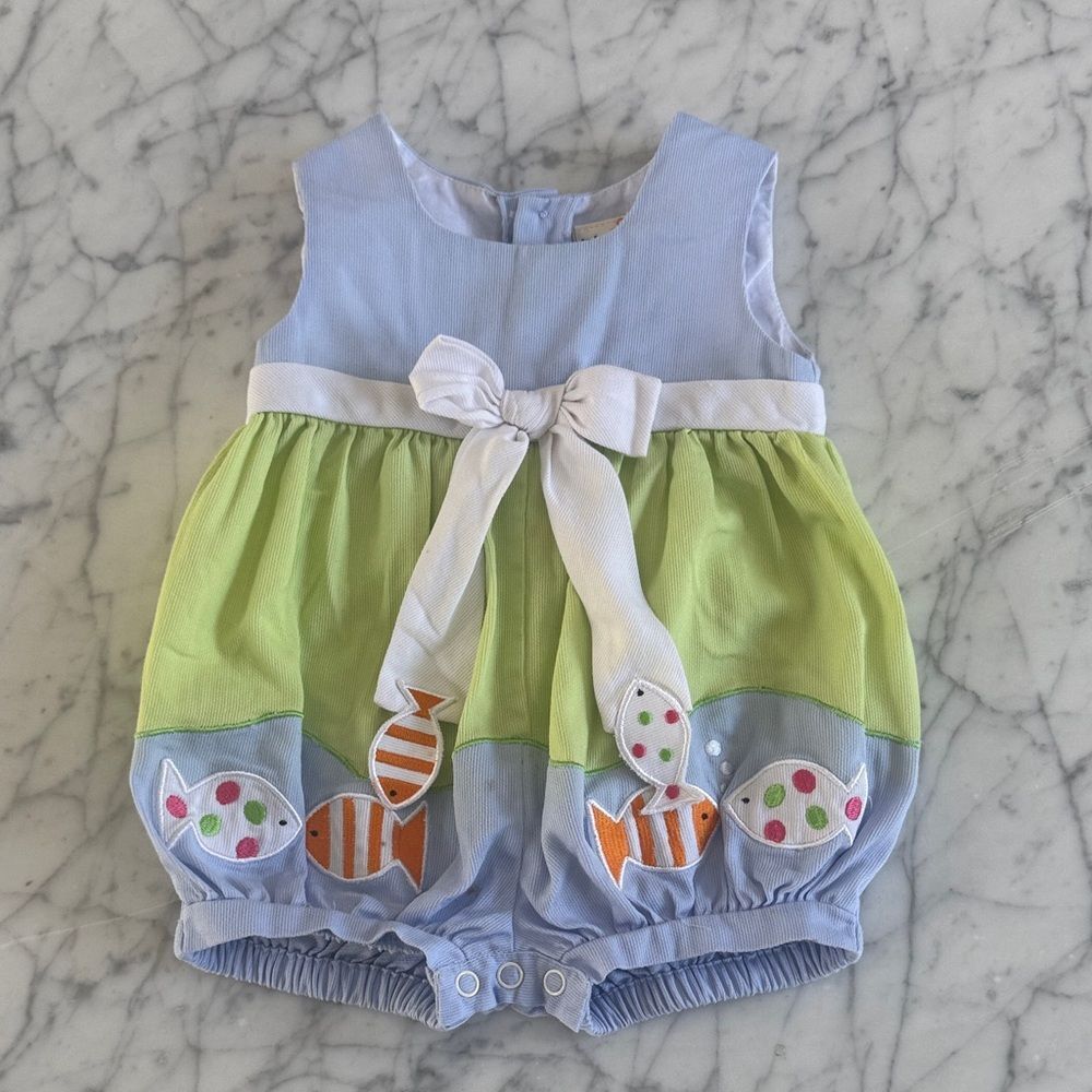 Baby Girl Fishing Sleeveless Bubble Romper Bow Decal Sz 12 Mo BT Kids